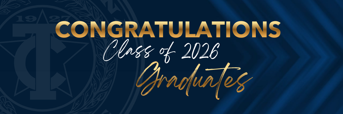 Gold and white text on a blue background reads Congratulations Class of 2026 Graduates with a faint seal and arrow designs in the background.